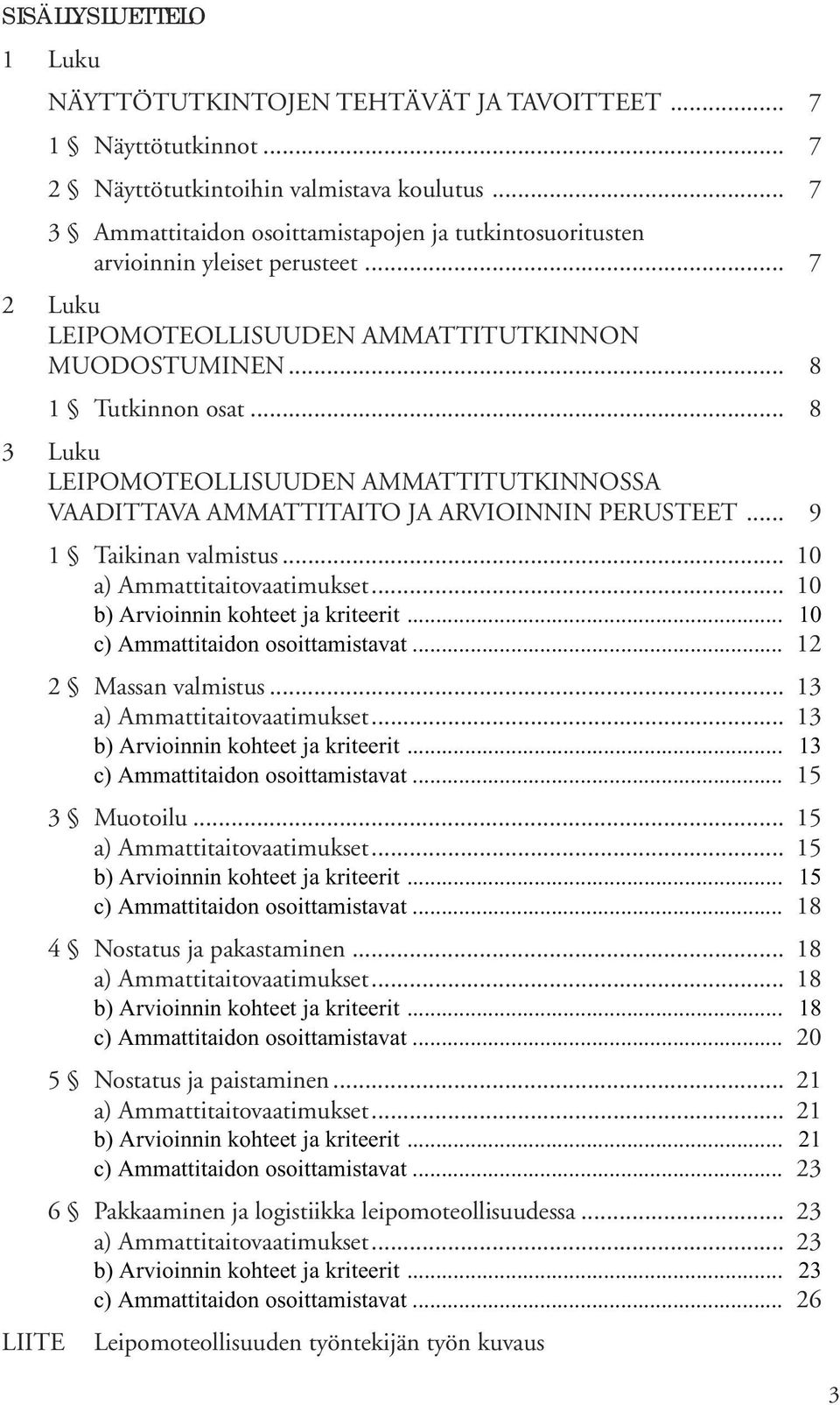 .. 8 3 Luku LEIPOMOTEOLLISUUDEN AMMATTITUTKINNOSSA VAADITTAVA AMMATTITAITO JA ARVIOINNIN PERUSTEET... 9 1 Taikinan valmistus... 10 a) Ammattitaitovaatimukset... 10 b) Arvioinnin kohteet ja kriteerit.