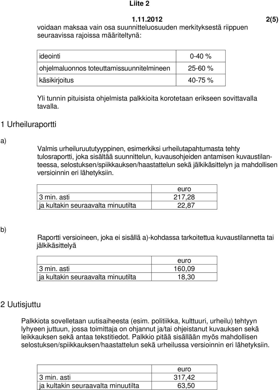 a) Valmis urheiluruututyyppinen, esimerkiksi urheilutapahtumasta tehty tulosraportti, joka sisältää suunnittelun, kuvausohjeiden antamisen kuvaustilanteessa, selostuksen/spiikkauksen/haastattelun