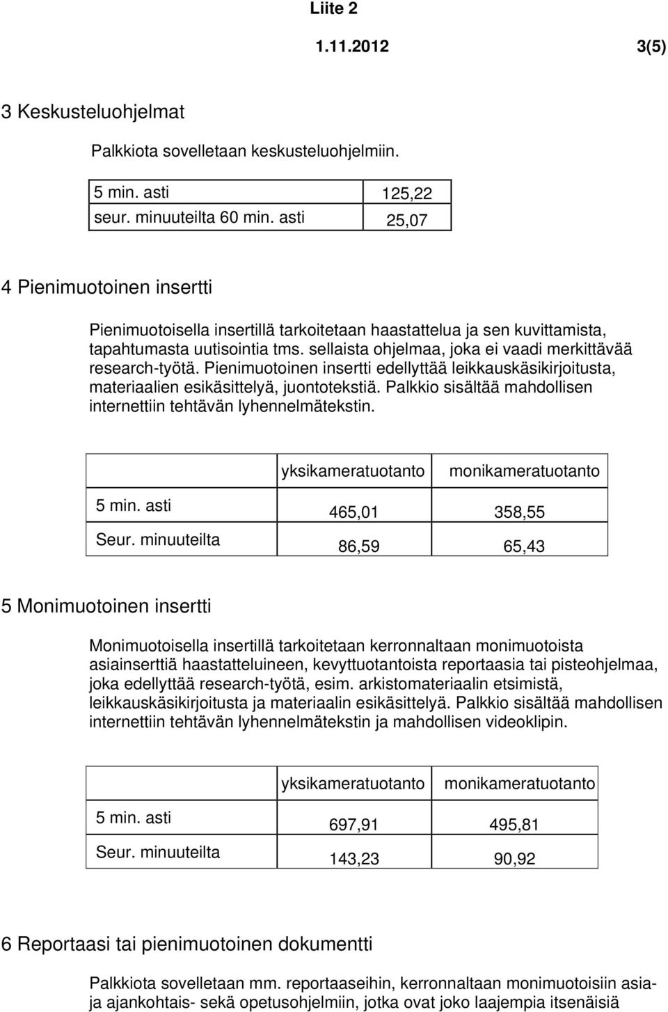 sellaista ohjelmaa, joka ei vaadi merkittävää research-työtä. Pienimuotoinen insertti edellyttää leikkauskäsikirjoitusta, materiaalien esikäsittelyä, juontotekstiä.