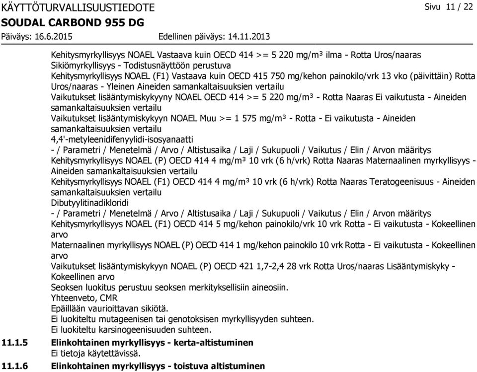 220 mg/m³ - Rotta Naaras Ei vaikutusta - Aineiden samankaltaisuuksien vertailu Vaikutukset lisääntymiskykyyn NOAEL Muu >= 1 575 mg/m³ - Rotta - Ei vaikutusta - Aineiden samankaltaisuuksien vertailu -