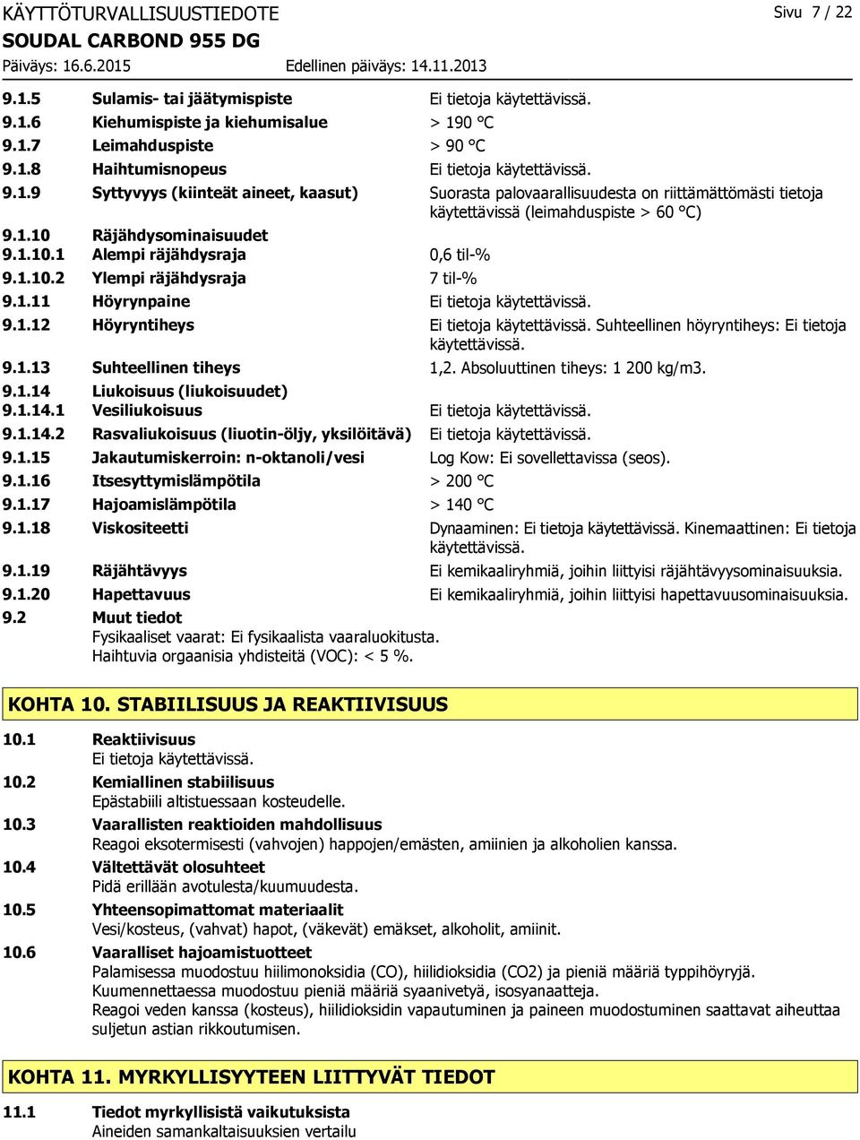 Absoluuttinen tiheys: 1 200 kg/m3. 9.1.14 Liukoisuus (liukoisuudet) 9.1.14.1 Vesiliukoisuus 9.1.14.2 Rasvaliukoisuus (liuotin-öljy, yksilöitävä) 9.1.15 Jakautumiskerroin: n-oktanoli/vesi Log Kow: Ei sovellettavissa (seos).