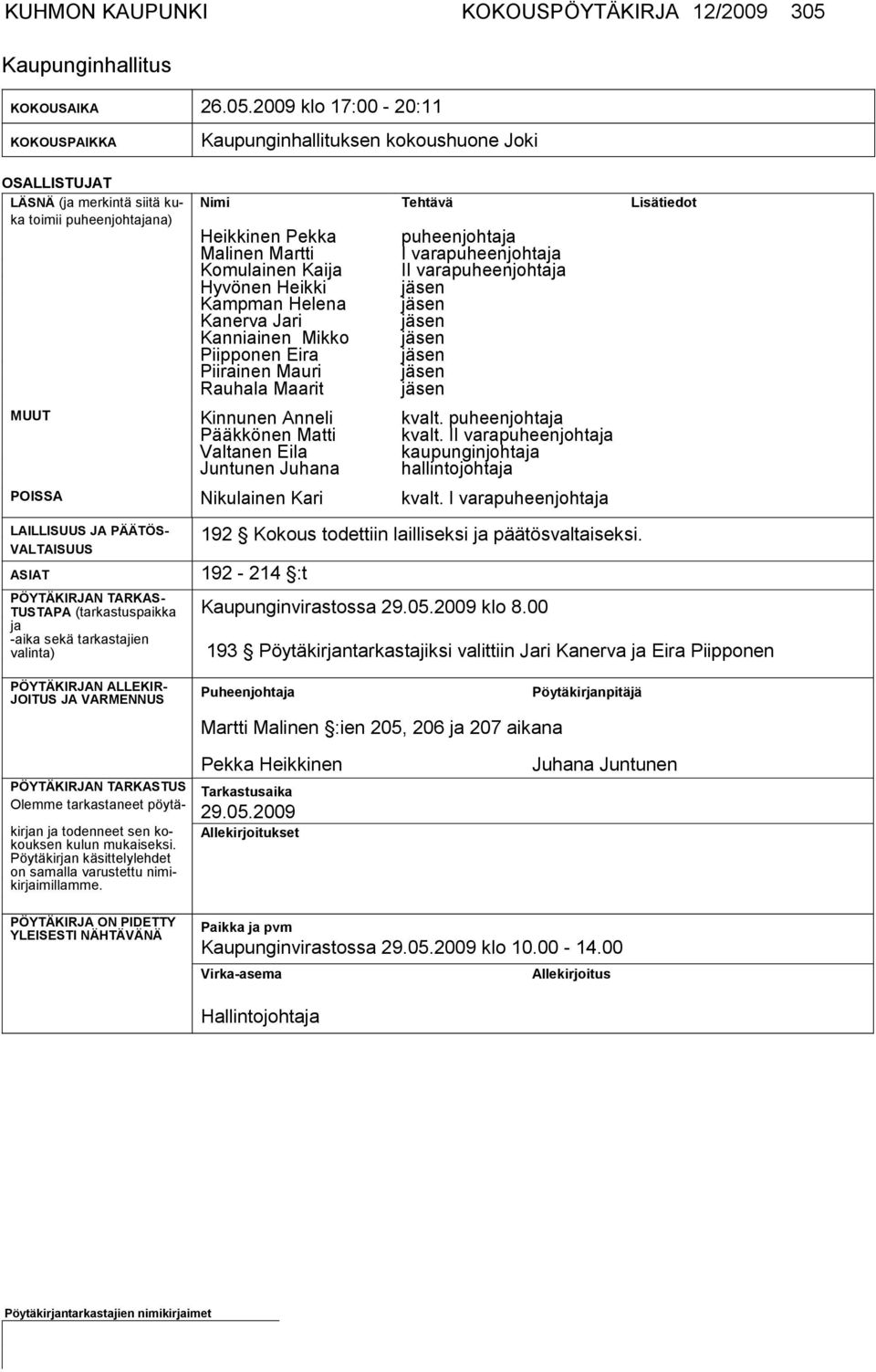 2009 klo 17:00-20:11 KOKOUSPAIKKA Kaupunginhallituksen kokoushuone Joki OSALLISTUJAT LÄSNÄ (ja mer kintä siitä kuka toi mii puheenjohtajana) Nimi Tehtävä Lisätiedot Heikkinen Pekka Malinen Martti