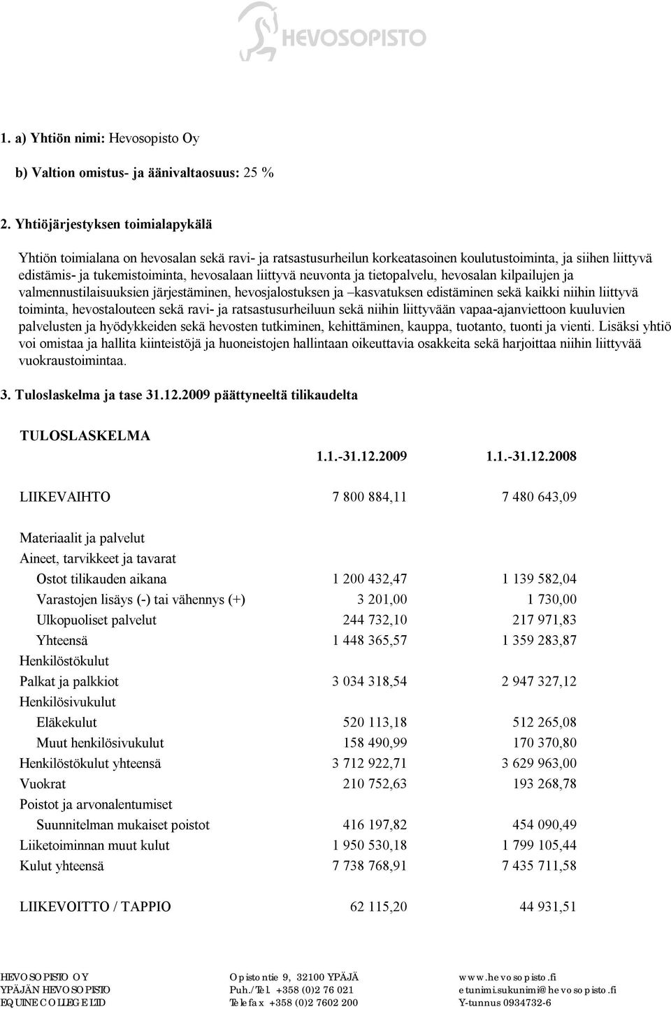 neuvonta ja tietopalvelu, hevosalan kilpailujen ja valmennustilaisuuksien järjestäminen, hevosjalostuksen ja kasvatuksen edistäminen sekä kaikki niihin liittyvä toiminta, hevostalouteen sekä ravi- ja