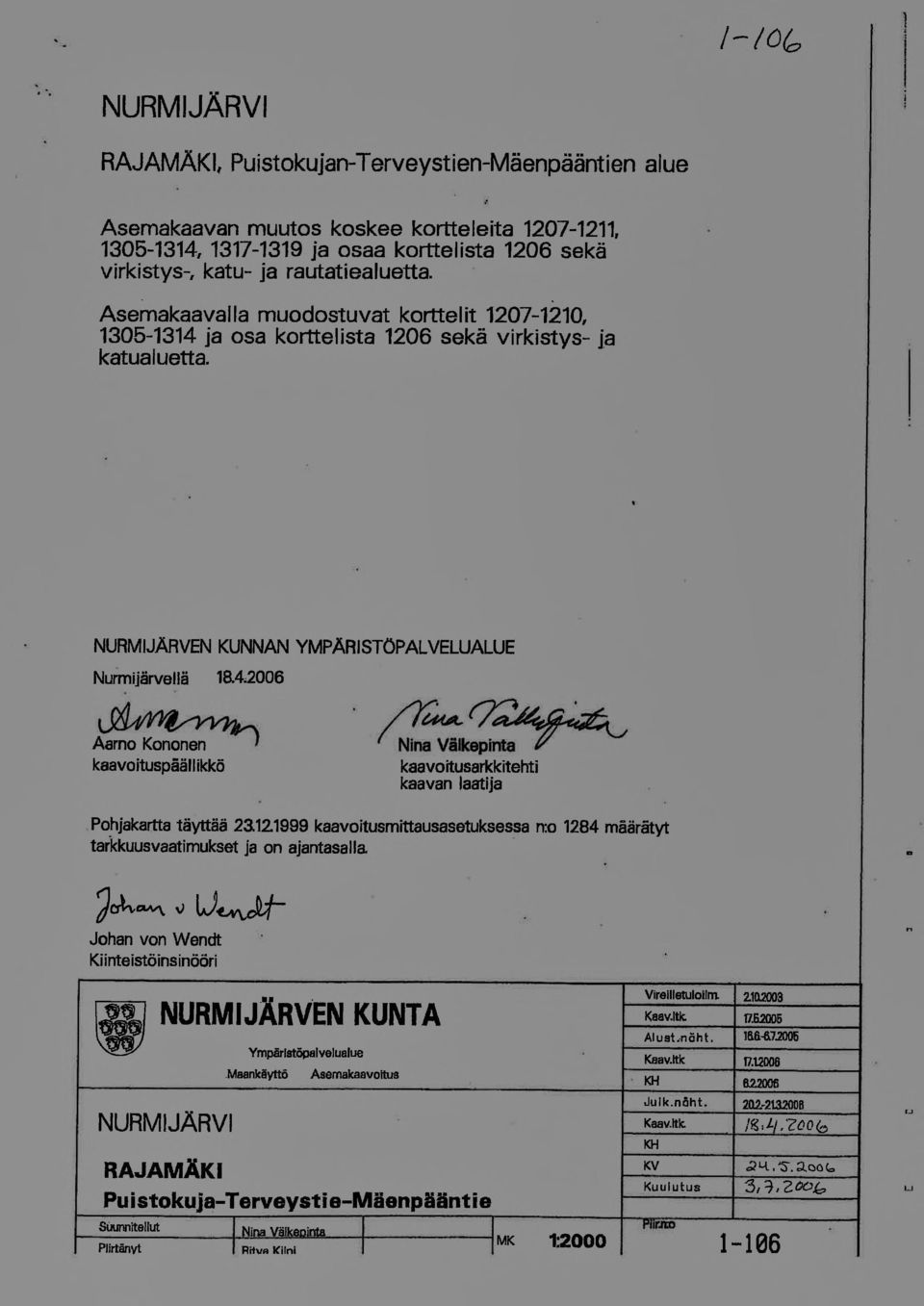 Asemakaavalla mudstuvat krttel it 1207-1210, 1305-1314 ja sa krttelista 1206 sekä virkistys- ja katua Iuetta. NURMIJÄRVEN KUNNAN YMPÄRISTÖPALVELUALUE Nurmijärvellä kaavituspäällikkö 1&4,2006 /!.,. Nina.