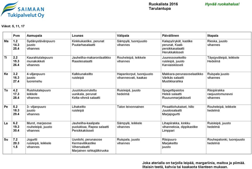 Juuressosekeitto, Karviaiskiisseli Rieska, Täysjyväleipä, Hedelmä Ke 3.2 16.3 27.