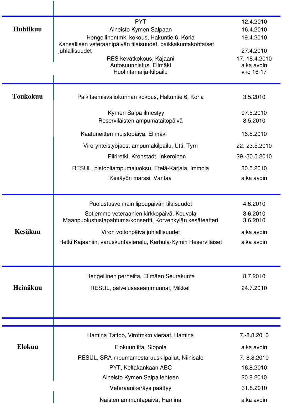 5.2010 Kaatuneitten muistopäivä, Elimäki 16.5.2010 Viro-yhteistyöjaos, ampumakilpailu, Utti, Tyrri 22.-23.5.2010 Piiriretki, Kronstadt, Inkeroinen 29.-30.5.2010 RESUL, pistooliampumajuoksu, Etelä-Karjala, Immola 30.