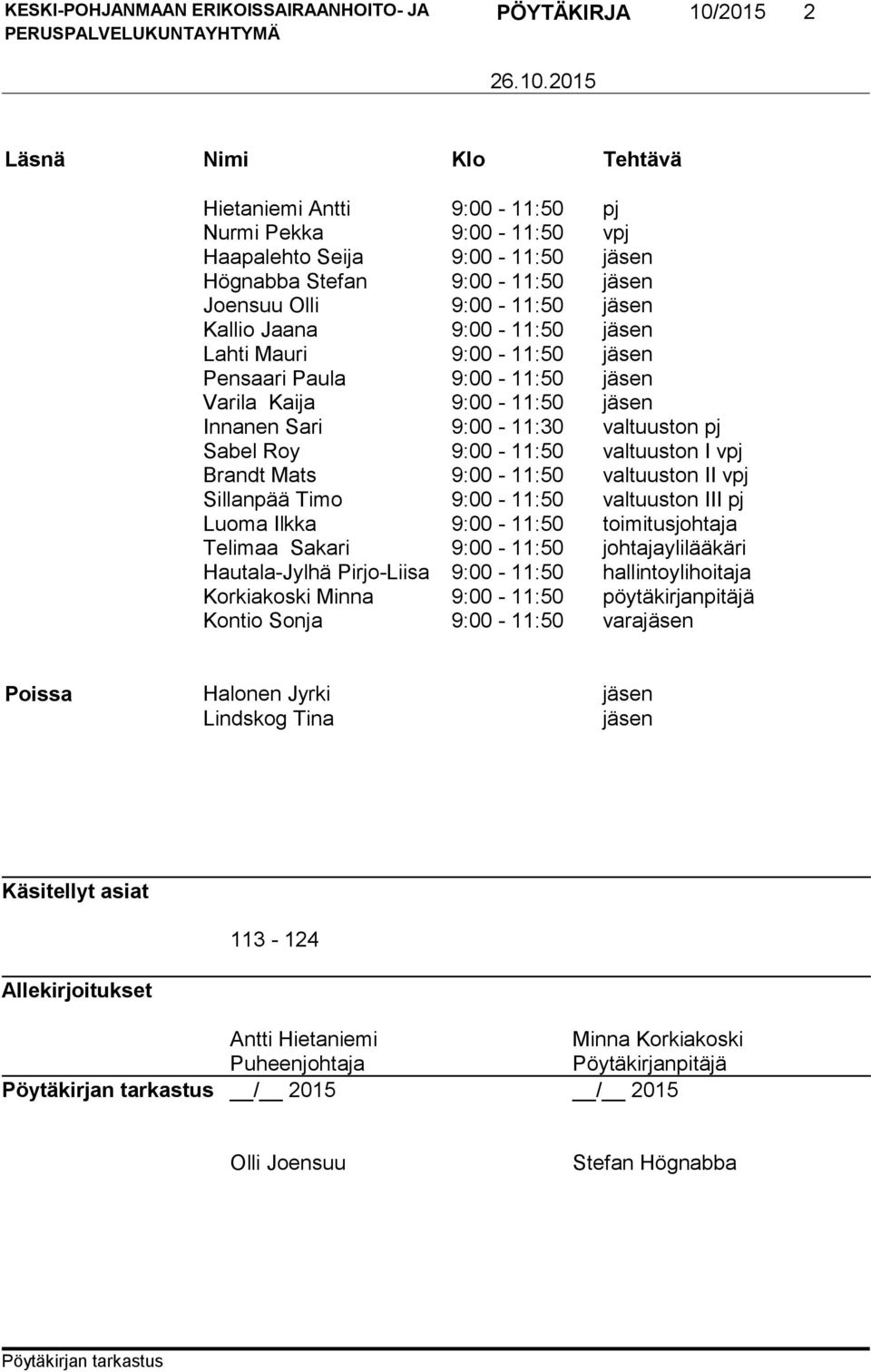 Brandt Mats 9:00-11:50 valtuuston II vpj Sillanpää Timo 9:00-11:50 valtuuston III pj Luoma Ilkka 9:00-11:50 toimitusjohtaja Telimaa Sakari 9:00-11:50 johtajaylilääkäri Hautala-Jylhä Pirjo-Liisa
