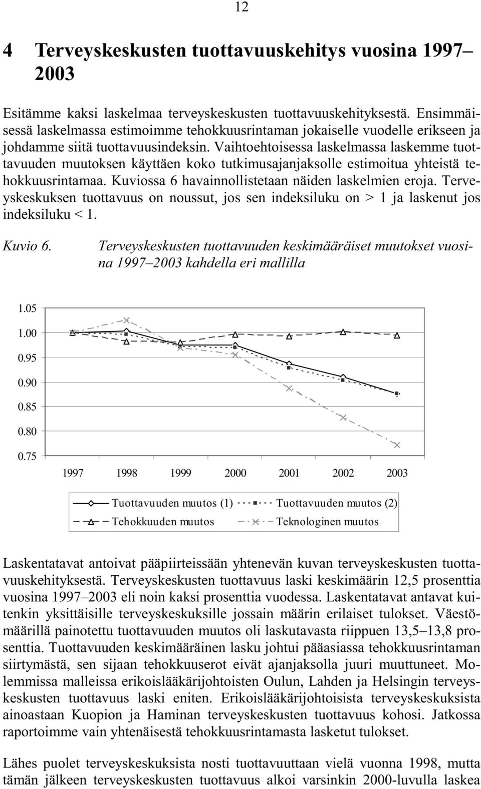 Vaihtoehtoisessa laskelmassa laskemme tuottavuuden muutoksen käyttäen koko tutkimusajanjaksolle estimoitua yhteistä tehokkuusrintamaa. Kuviossa 6 havainnollistetaan näiden laskelmien eroja.