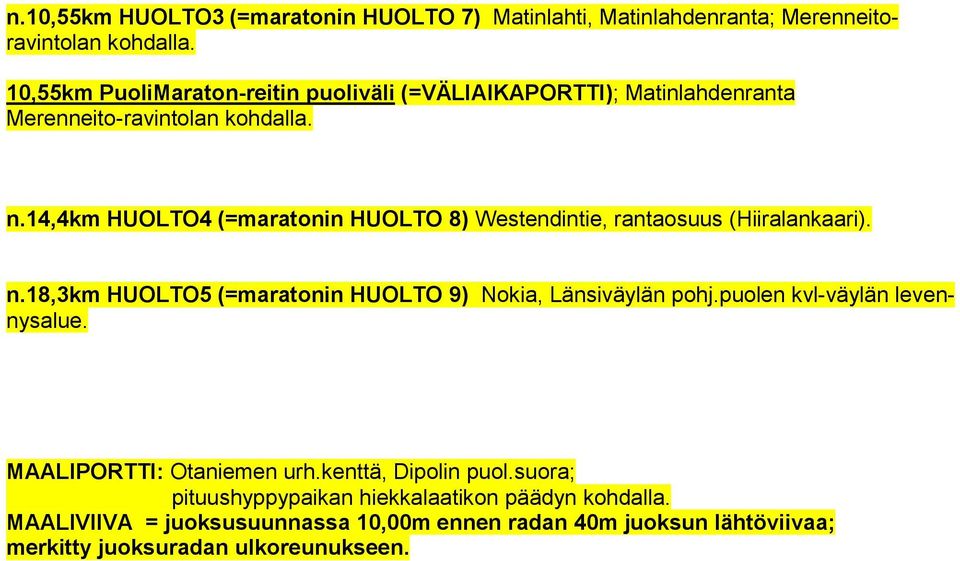 14,4km HUOLTO4 (=maratonin HUOLTO 8) Westendintie, rantaosuus (Hiiralankaari). n.18,3km HUOLTO5 (=maratonin HUOLTO 9) Nokia, Länsiväylän pohj.