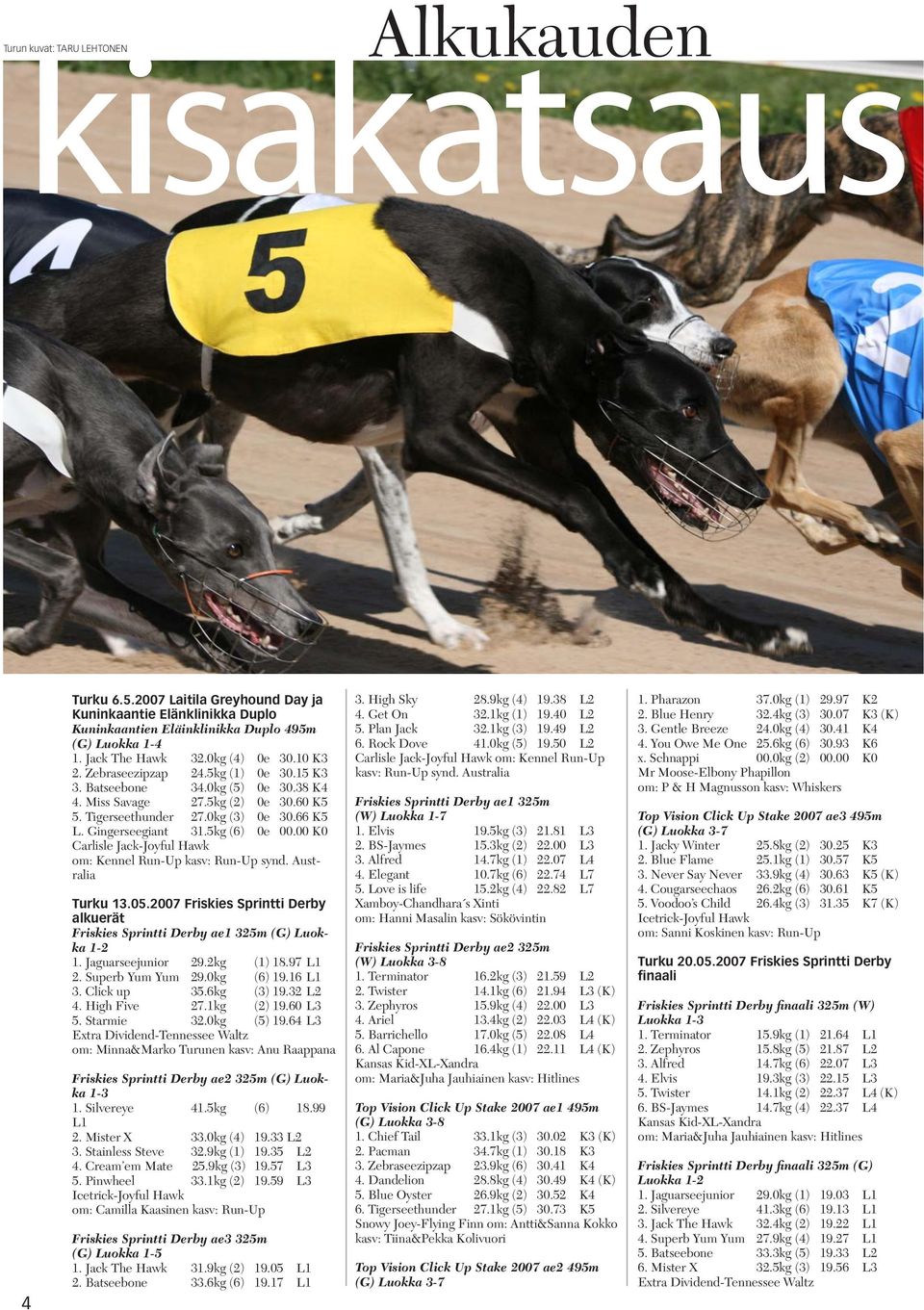 5kg (6) 0e 00.00 K0 Carlisle Jack-Joyful Hawk om: Kennel Run-Up kasv: Run-Up synd. Australia Turku 13.05.2007 Friskies Sprintti Derby alkuerät Friskies Sprintti Derby ae1 325m (G) Luokka 1-2 1.