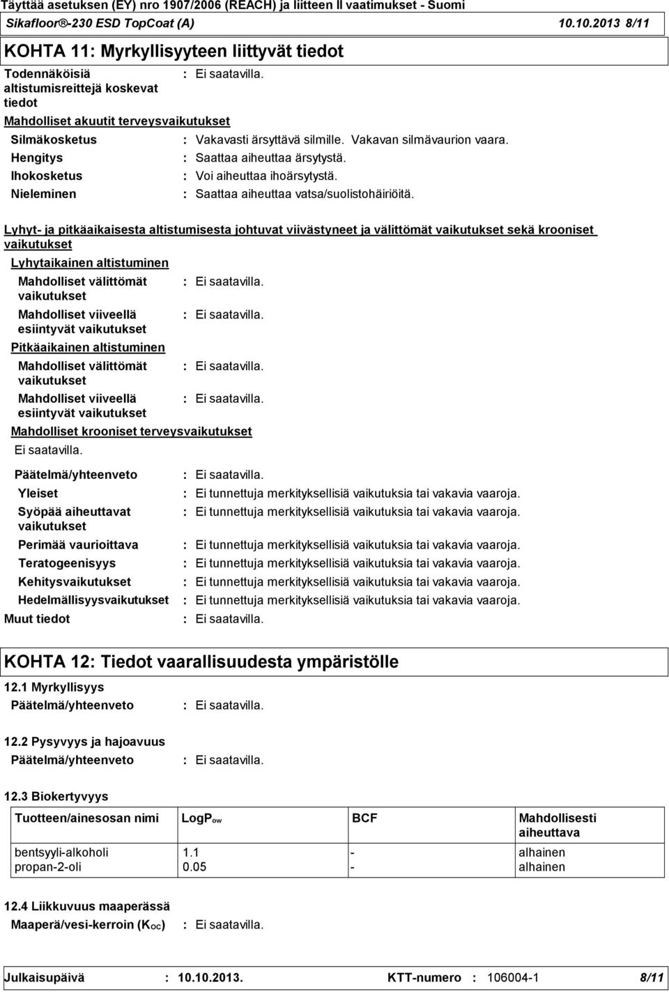 aiheuttaa ärsytystä. Voi aiheuttaa ihoärsytystä. Vakavasti ärsyttävä silmille. Vakavan silmävaurion vaara. Saattaa aiheuttaa vatsa/suolistohäiriöitä.