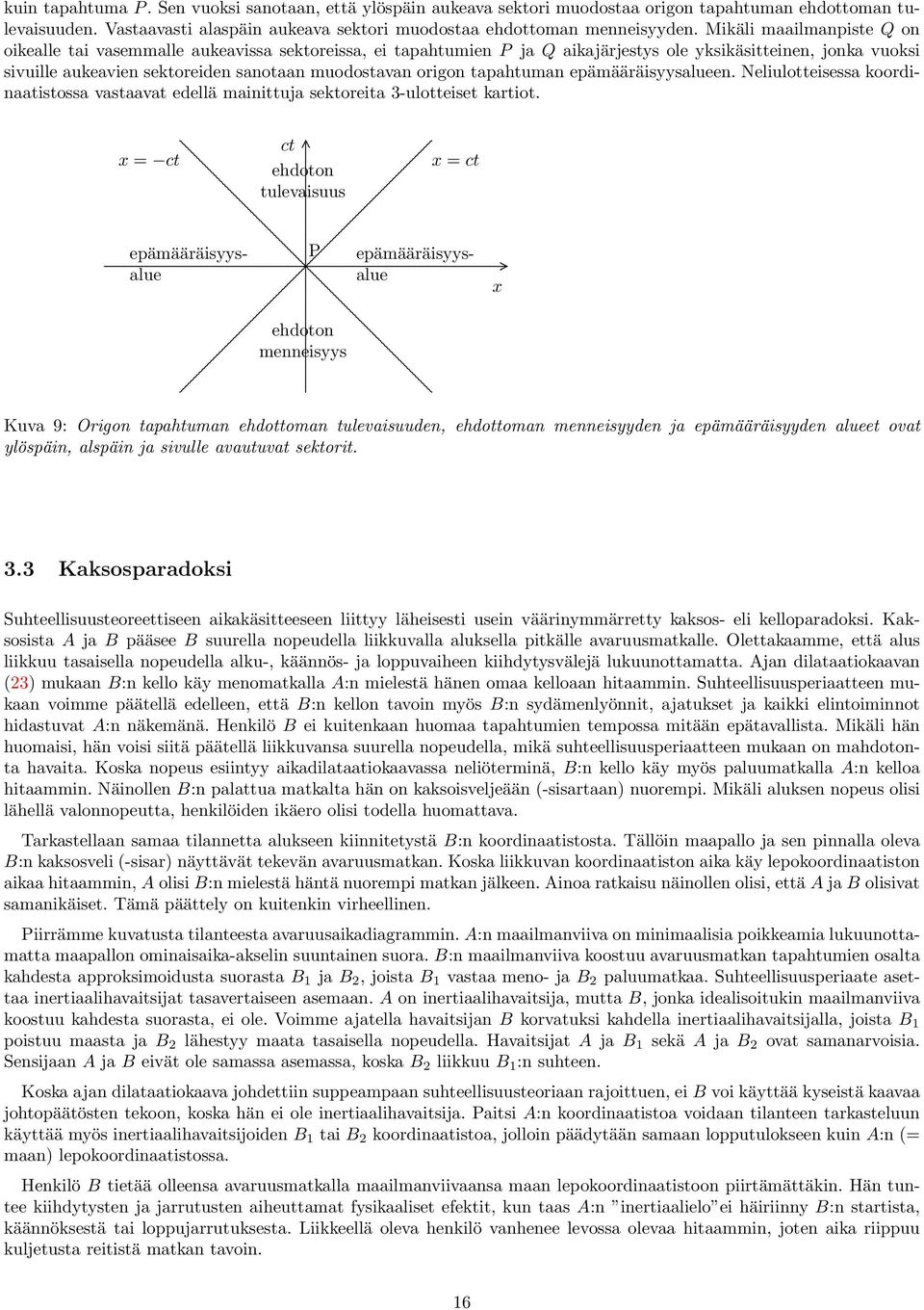 tapahtuman epämääräisyysalueen Neliulotteisessa koordinaatistossa vastaavat edellä mainittuja sektoreita 3-ulotteiset kartiot x = t t ehdoton tulevaisuus x = t epämääräisyysalue epämääräisyysalue P x