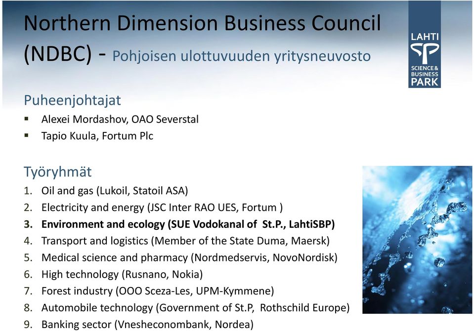, LahtiSBP) 4. Transport and logistics (Member of the State Duma, Maersk) 5. Medical science and pharmacy (Nordmedservis, NovoNordisk) 6.