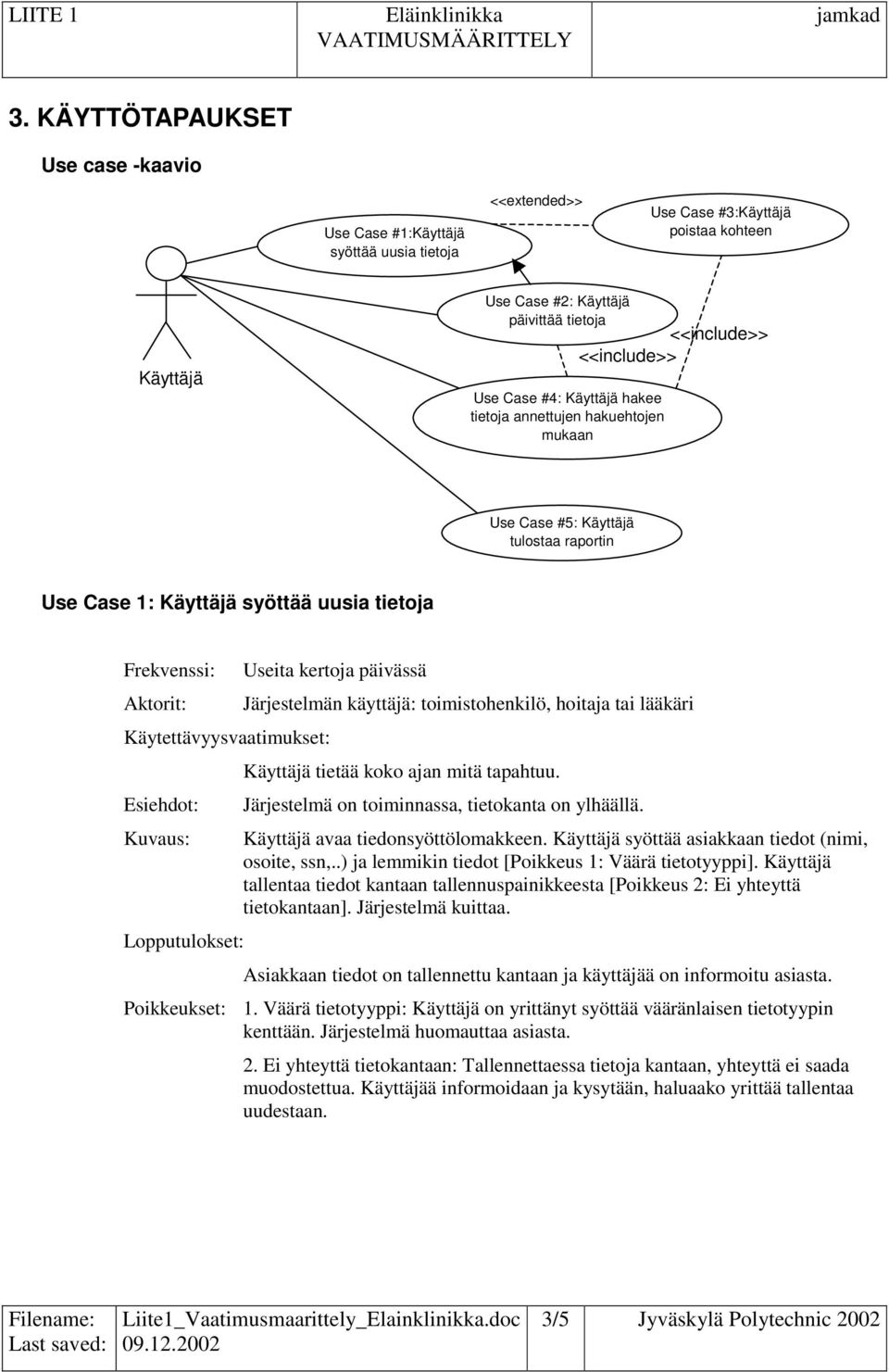 on ylhäällä. Käyttäjä avaa tiedonsyöttölomakkeen. Käyttäjä syöttää asiakkaan tiedot (nimi, osoite, ssn,..) ja lemmikin tiedot [Poikkeus 1: Väärä tietotyyppi].