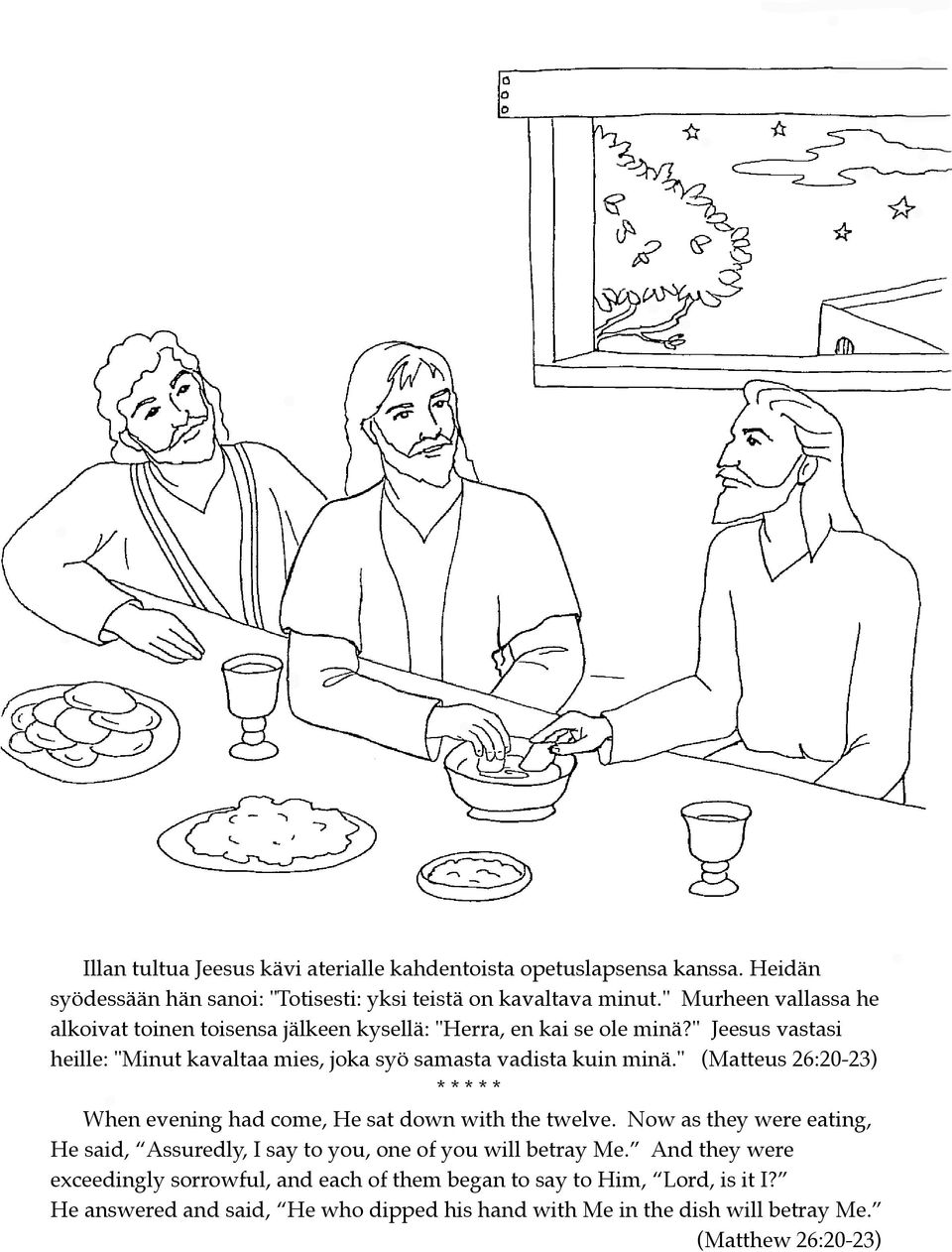 " Jeesus vastasi heille: "Minut kavaltaa mies, joka syö samasta vadista kuin minä." (Matteus 26:20-23) When evening had come, He sat down with the twelve.