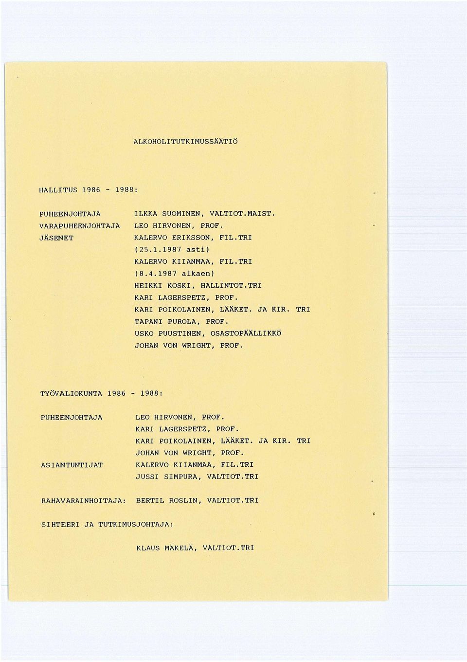 USKO PUUSTINEN, OSASTOPÄÄLLIKKÖ JOHAN VON WRIGHT, PROF. TYÖVALIOKUNTA 1986-1988: PUHEENJOHTAJA ASIANTUNTIJAT LEO HIRVONEN, PROF. KARI LAGERSPETZ, PROF.