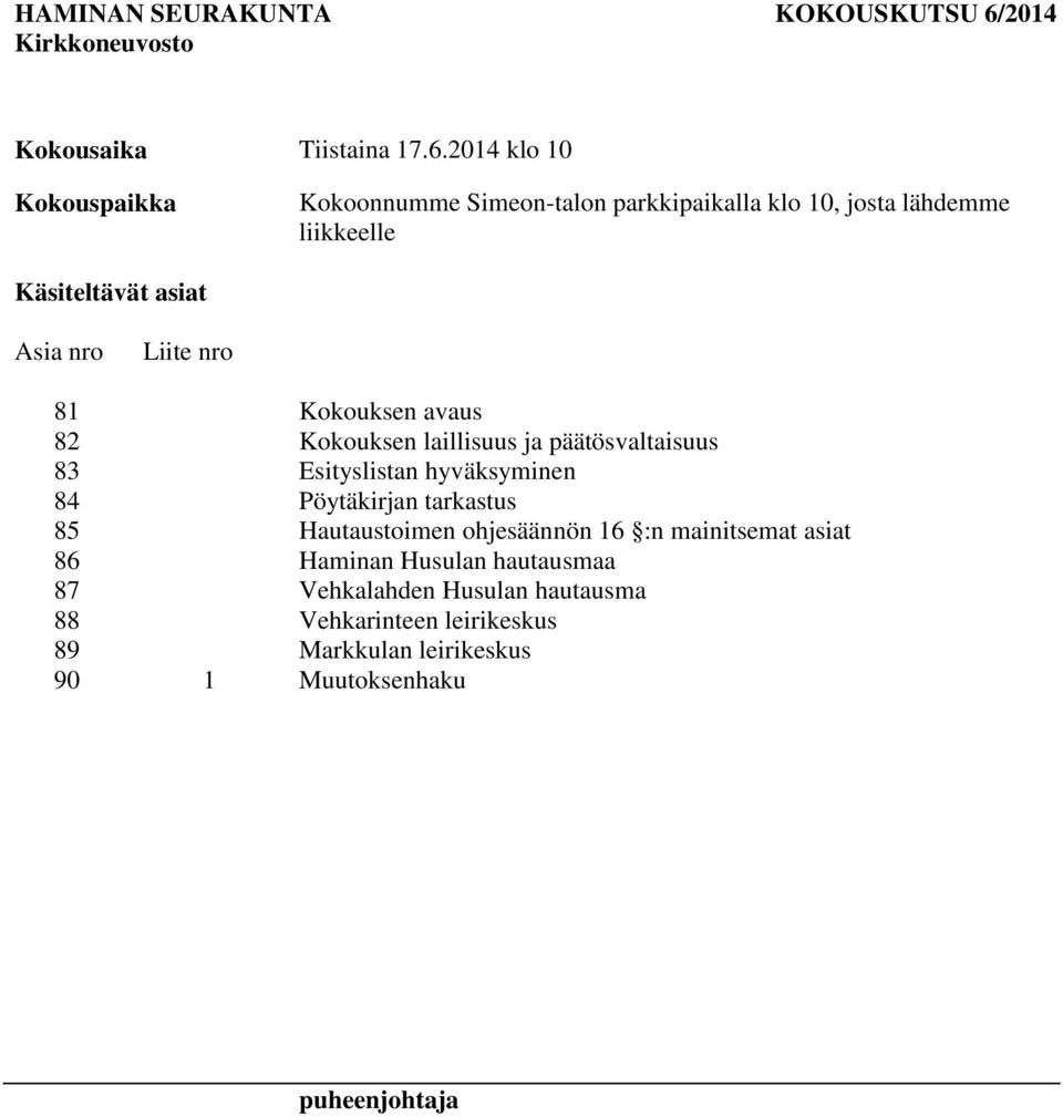 2014 klo 10 Kokouspaikka Kokoonnumme Simeon-talon parkkipaikalla klo 10, josta lähdemme liikkeelle Käsiteltävät asiat Asia nro