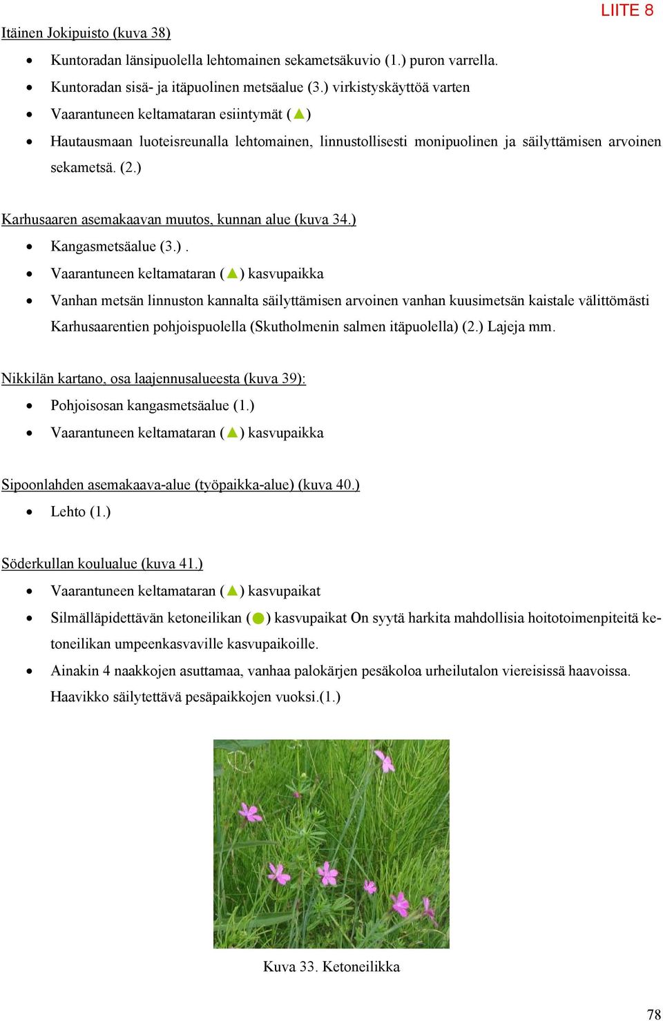 ) Karhusaaren asemakaavan muutos, kunnan alue (kuva 34.) Kangasmetsäalue (3.). Vaarantuneen keltamataran ( ) kasvupaikka Vanhan metsän linnuston kannalta säilyttämisen arvoinen vanhan kuusimetsän