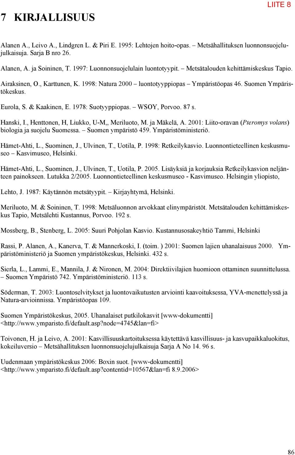 & Kaakinen, E. 1978: Suotyyppiopas. WSOY, Porvoo. 87 s. Hanski, I., Henttonen, H, Liukko, U-M,, Meriluoto, M. ja Mäkelä, A. 2001: Liito-oravan (Pteromys volans) biologia ja suojelu Suomessa.