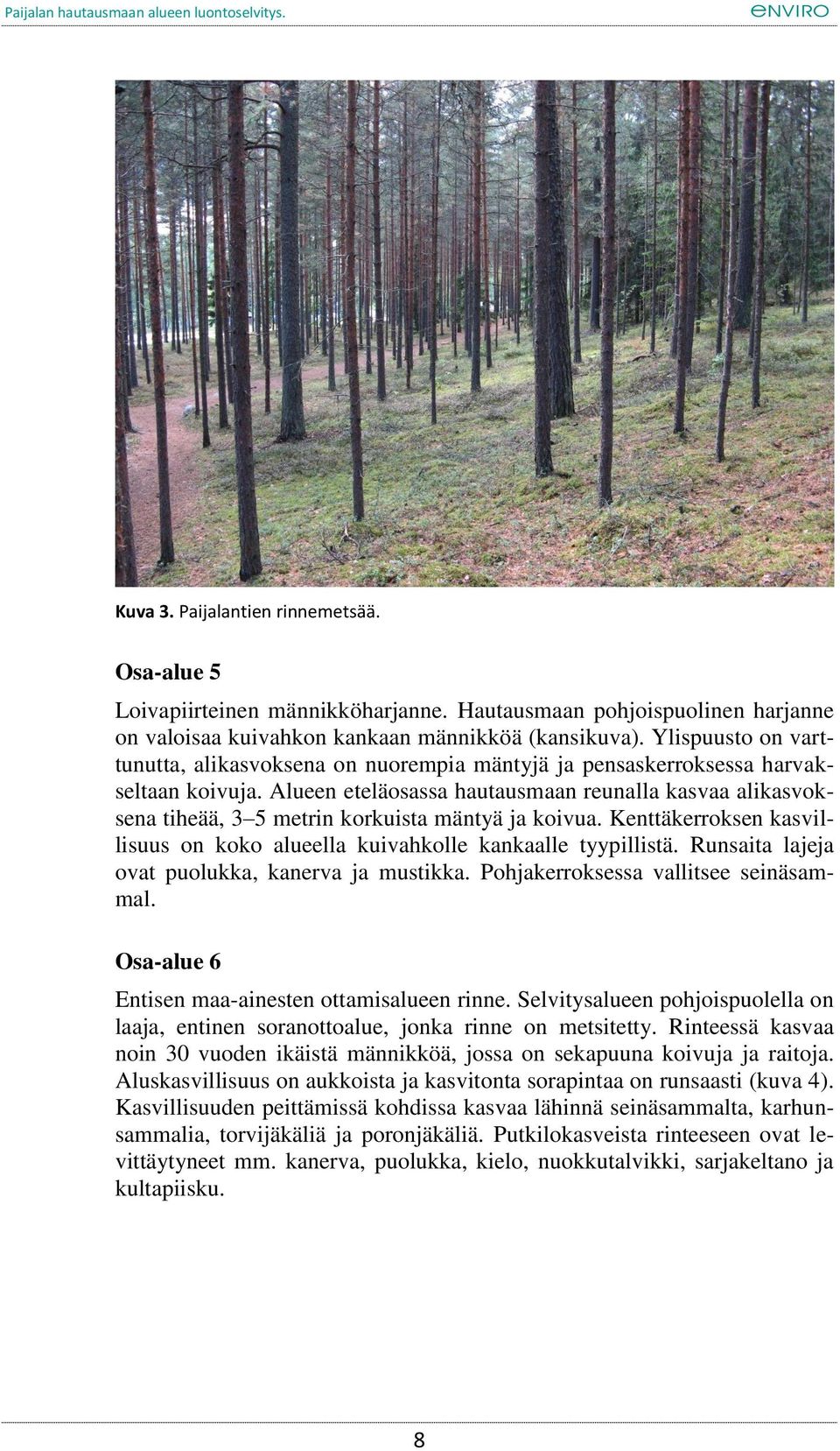 Alueen eteläosassa hautausmaan reunalla kasvaa alikasvoksena tiheää, 3 5 metrin korkuista mäntyä ja koivua. Kenttäkerroksen kasvillisuus on koko alueella kuivahkolle kankaalle tyypillistä.