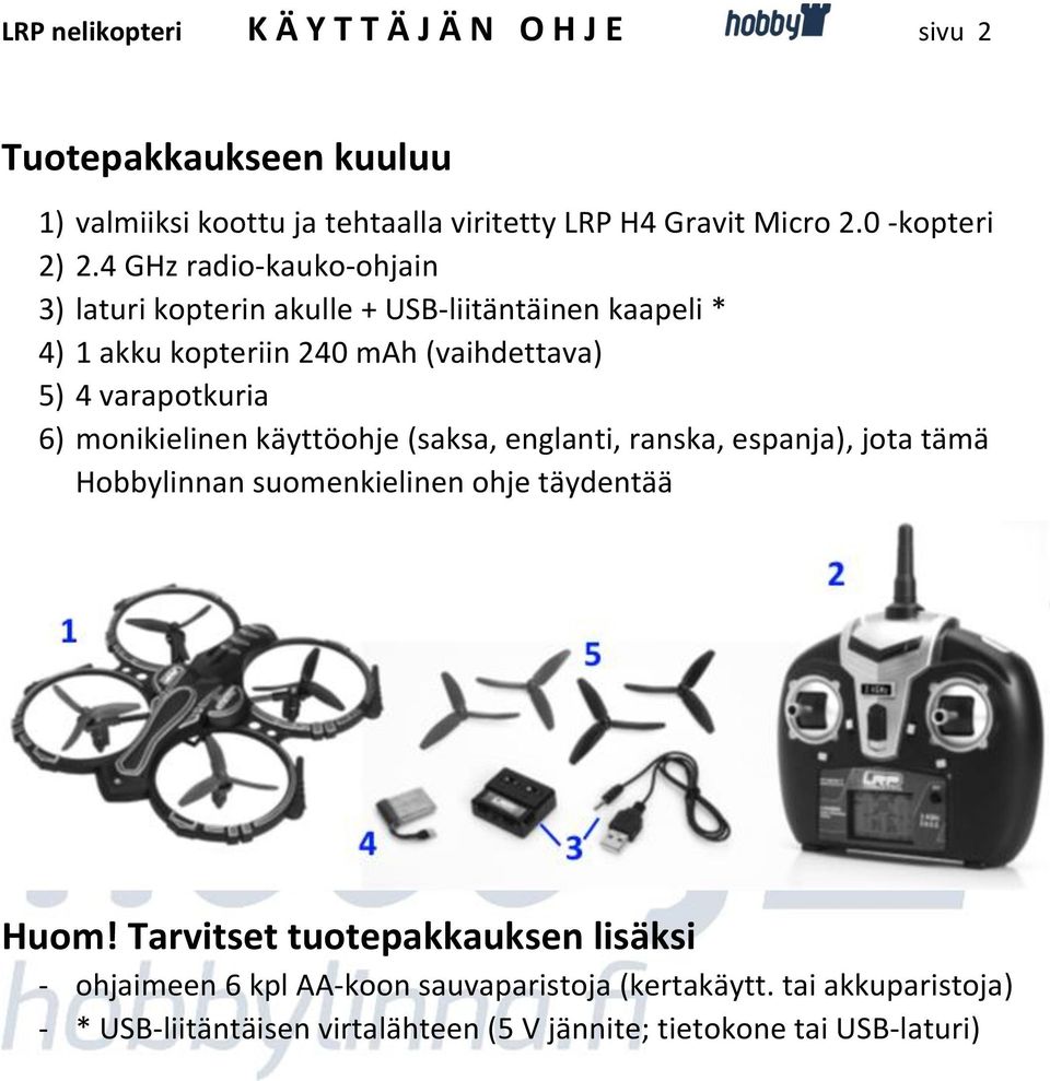 4 GHz radio-kauko-ohjain 3) laturi kopterin akulle + USB-liitäntäinen kaapeli * 4) 1 akku kopteriin 240 mah (vaihdettava) 5) 4 varapotkuria 6)