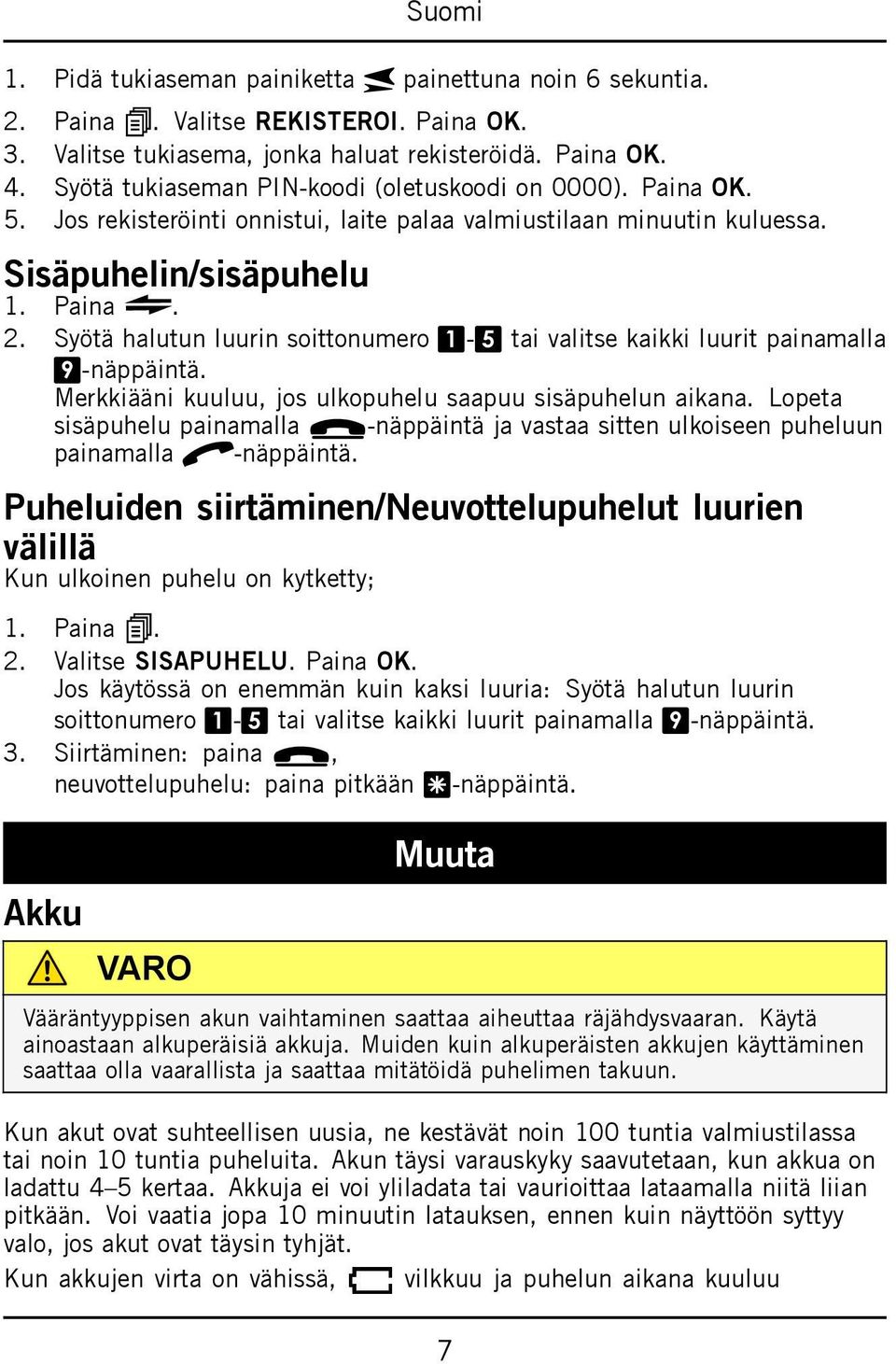 Syötä halutun luurin soittonumero 1-5 tai valitse kaikki luurit painamalla 9-näppäintä. Merkkiääni kuuluu, jos ulkopuhelu saapuu sisäpuhelun aikana.