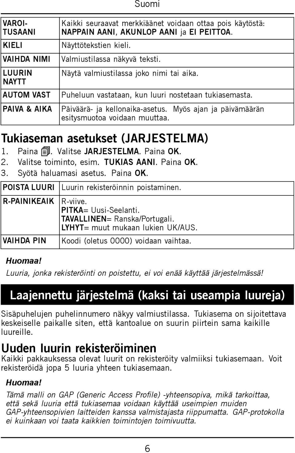 Myös ajan ja päivämäärän esitysmuotoa voidaan muuttaa. Tukiaseman asetukset (JARJESTELMA) 1. Paina. Valitse JARJESTELMA. Paina OK. 2. Valitse toiminto, esim. TUKIAS AANI. Paina OK. 3.