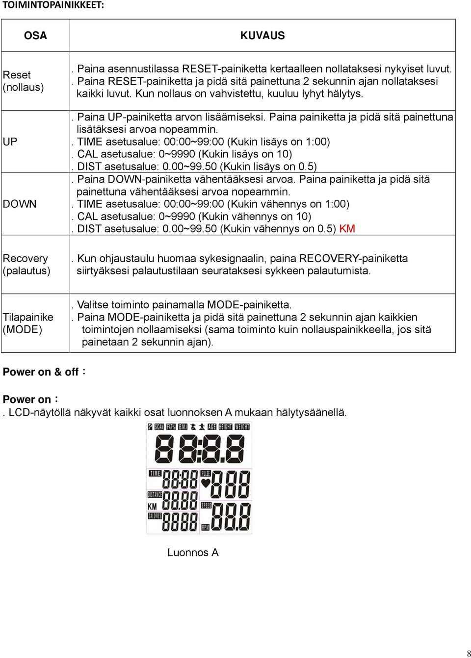 Paina painiketta ja pidä sitä painettuna lisätäksesi arvoa nopeammin.. TIME asetusalue: 00:00~99:00 (Kukin lisäys on 1:00). CAL asetusalue: 0~9990 (Kukin lisäys on 10). DIST asetusalue: 0.00~99.50 (Kukin lisäys on 0.