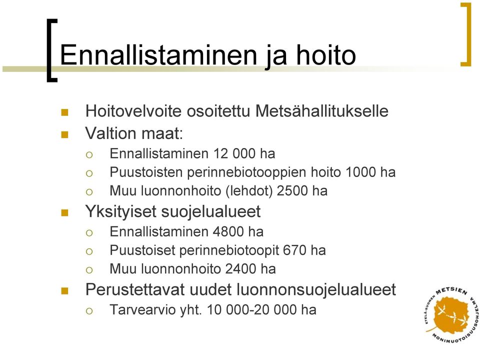 (lehdot) 2500 ha Yksityiset suojelualueet Ennallistaminen 4800 ha Puustoiset