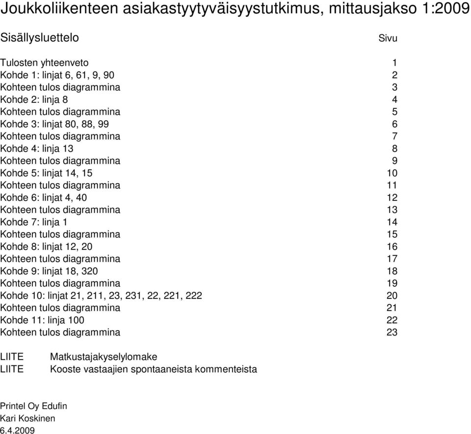 40 12 Kohteen tulos diagrammina 13 Kohde 7: linja 1 14 Kohteen tulos diagrammina 15 Kohde 8: linjat 12, 20 16 Kohteen tulos diagrammina 17 Kohde 9: linjat 18, 320 18 Kohteen tulos diagrammina 19