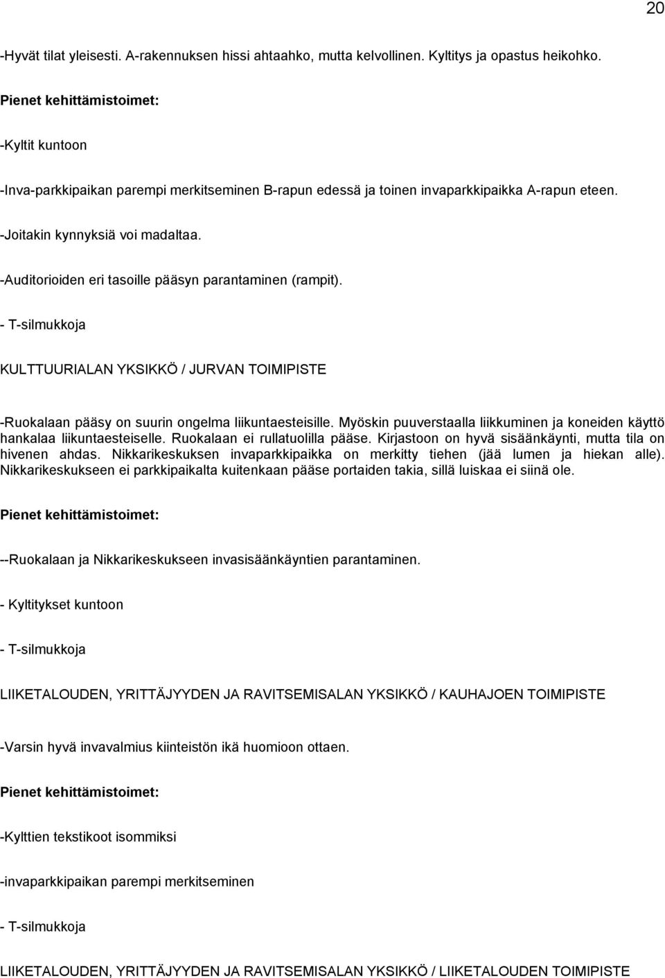 -Auditorioiden eri tasoille pääsyn parantaminen (rampit). - T-silmukkoja KULTTUURIALAN YKSIKKÖ / JURVAN TOIMIPISTE -Ruokalaan pääsy on suurin ongelma liikuntaesteisille.