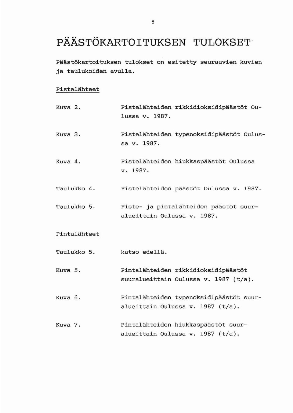 Pistelähteiden päästöt Oulussa v. 1987. Taulukko 5. Piste- ja pintalähteiden päästöt suuralueittain Oulussa v. 1987. Pintalähteet Taulukko 5. katso edellä. Kuva 5.