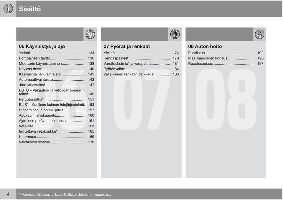 .. 147 DSTC Vakautus- ja vetovoimajärjestelmä*... 149 Peruutustutka*... 151 BLIS* - Kuolleen kulman infojärjestelmä. 153 Hinaaminen ja poiskuljetus... 157 Apukäynnistyskaapelit.