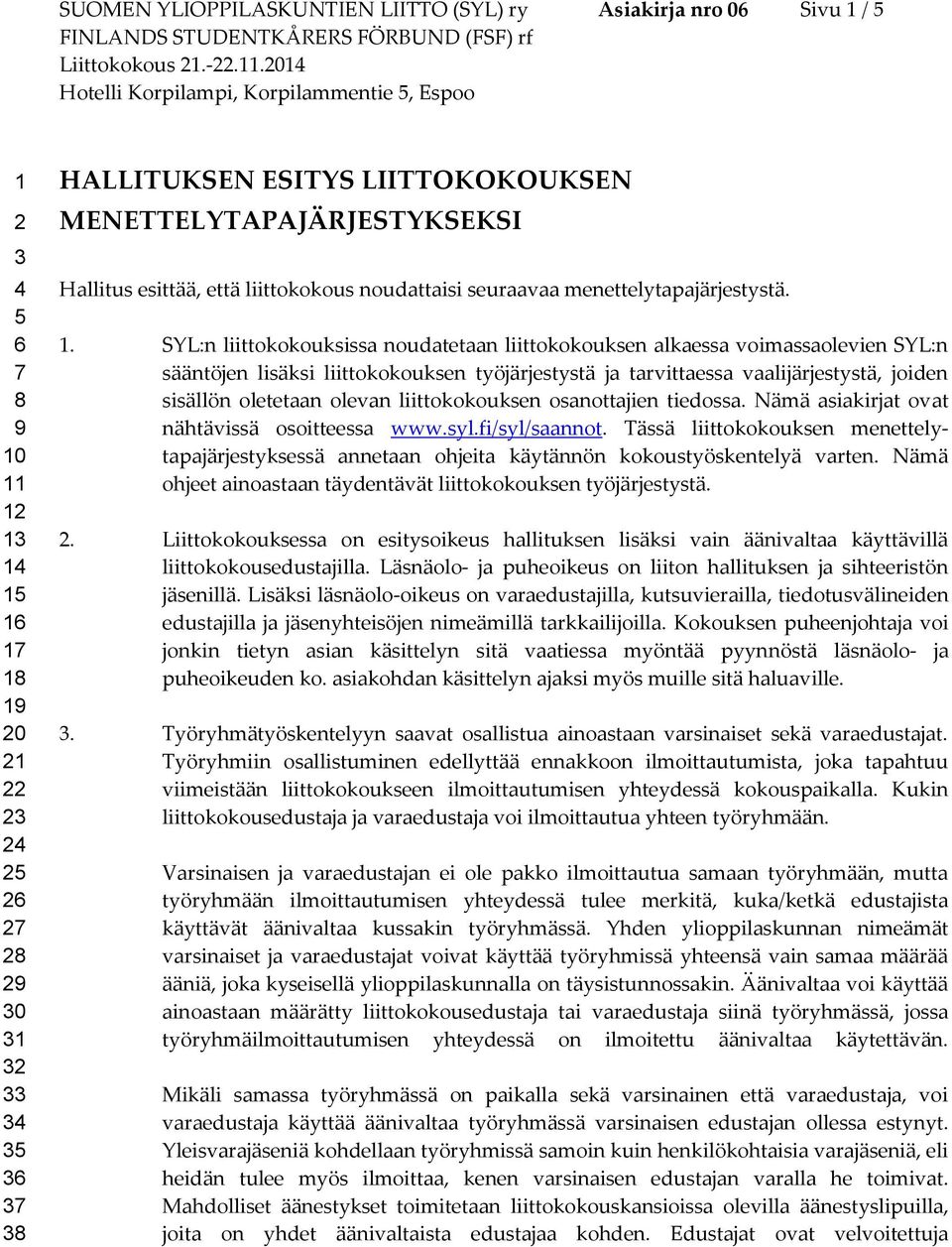 SYL:n liittokokouksissa noudatetaan liittokokouksen alkaessa voimassaolevien SYL:n sääntöjen lisäksi liittokokouksen työjärjestystä ja tarvittaessa vaalijärjestystä, joiden sisällön oletetaan olevan