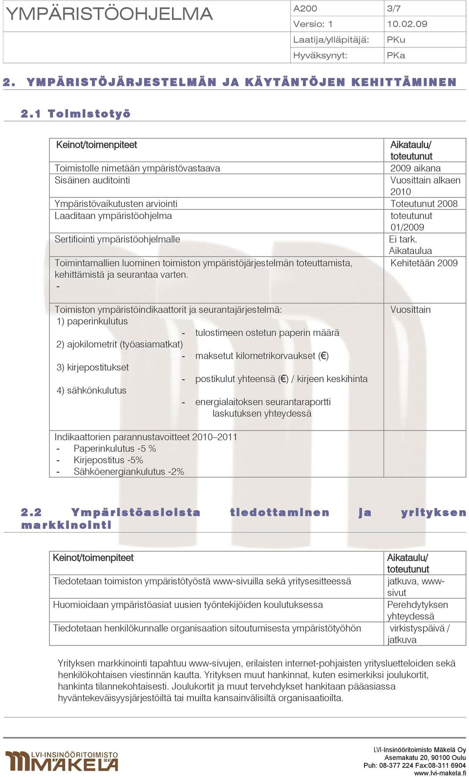 Sertifiointi ympäristöohjelmalle Ei tark. Aikataulua Toimintamallien luominen toimiston ympäristöjärjestelmän toteuttamista, Kehitetään 2009 kehittämistä ja seurantaa varten.