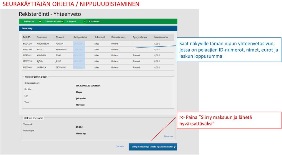 pelaajien ID-numerot, nimet, eurot ja laskun