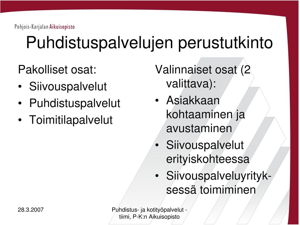 Valinnaiset osat (2 valittava): Asiakkaan kohtaaminen ja