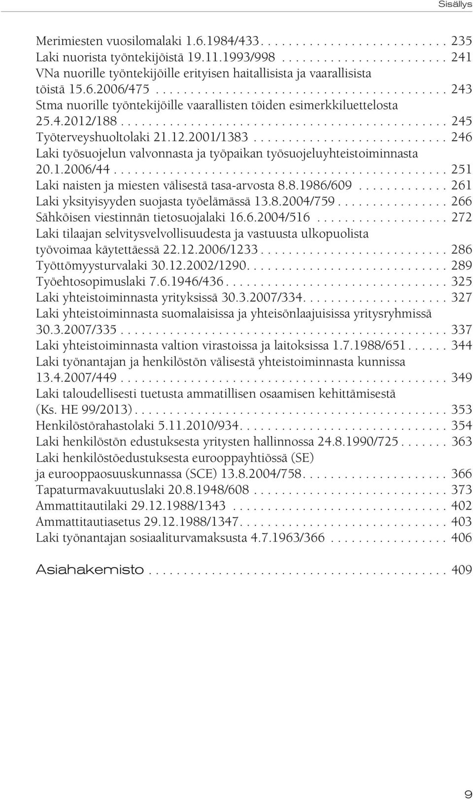 12.2001/1383............................ 246 Laki työsuojelun valvonnasta ja työpaikan työsuojeluyhteistoiminnasta 20.1.2006/44................................................ 251 Laki naisten ja miesten välisestä tasa-arvosta 8.