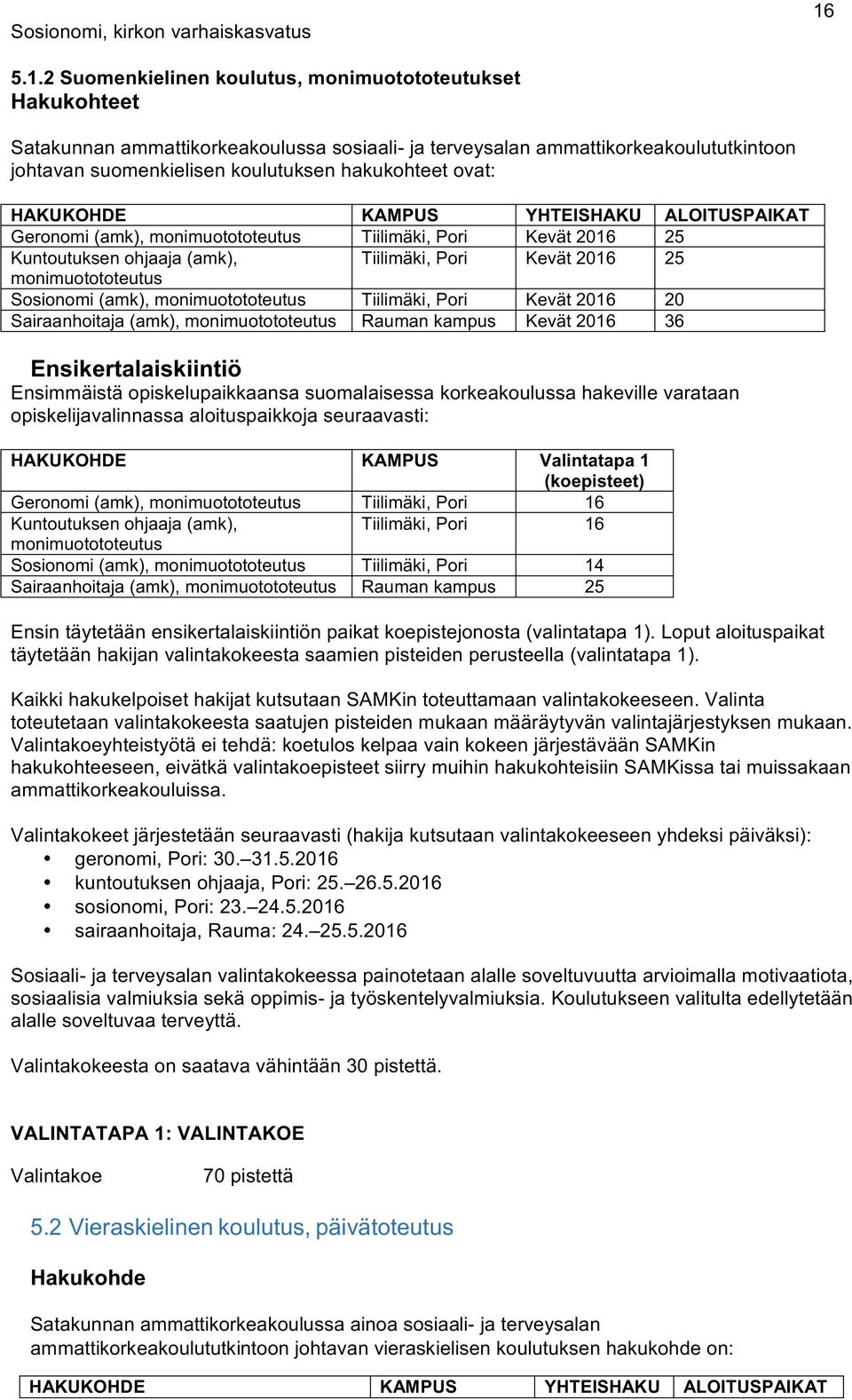 Kevät2016 25 monimuotototeutus Sosionomi(amk),monimuotototeutus Tiilimäki,Pori Kevät2016 20 Sairaanhoitaja(amk),monimuotototeutus Raumankampus Kevät2016 36 Ensikertalaiskiintiö'