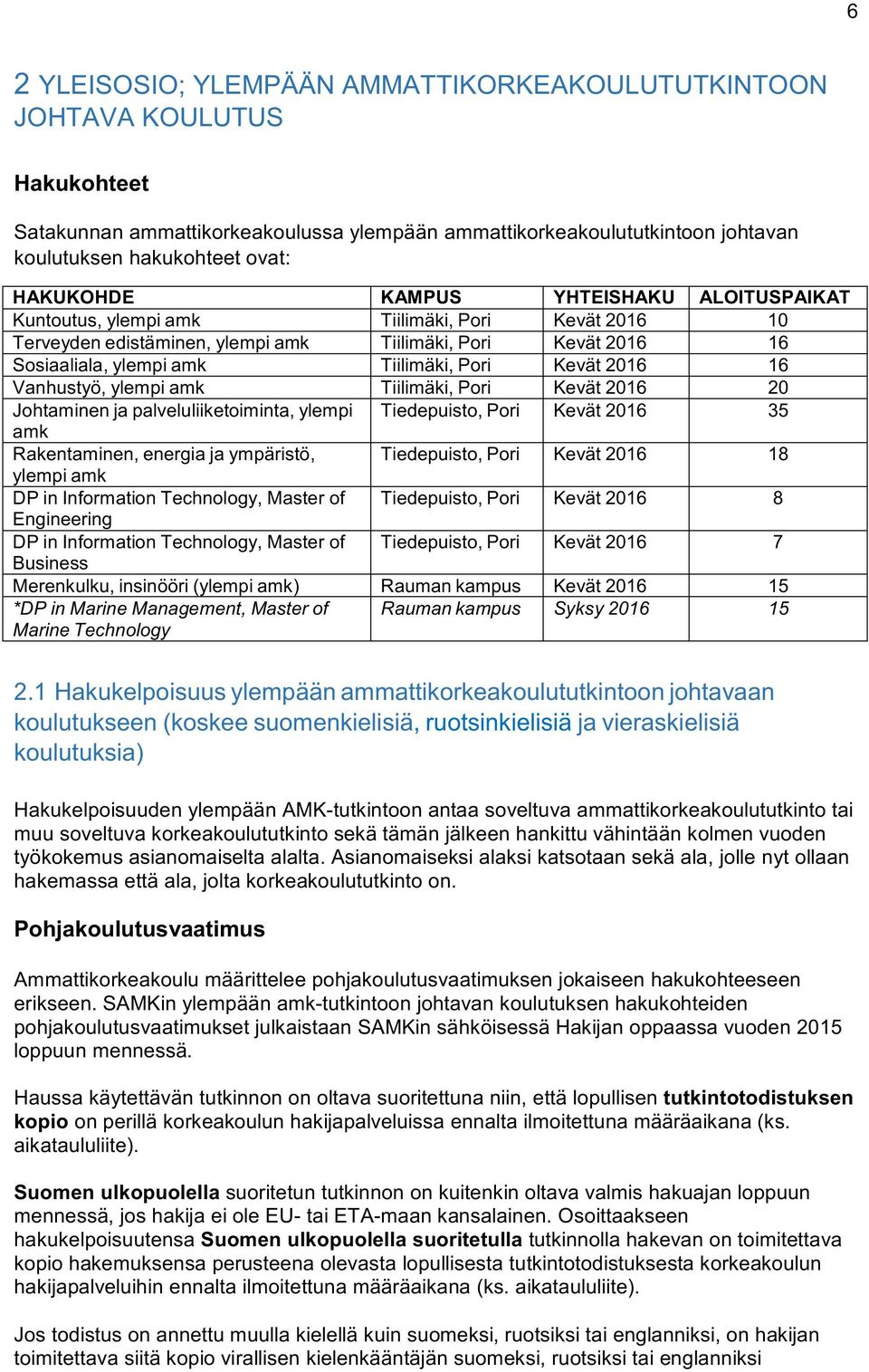 Vanhustyö,ylempiamk Tiilimäki,Pori Kevät2016 20 Johtaminenjapalveluliiketoiminta,ylempi Tiedepuisto,Pori Kevät2016 35 amk Rakentaminen,energiajaympäristö, Tiedepuisto,Pori Kevät2016 18 ylempiamk