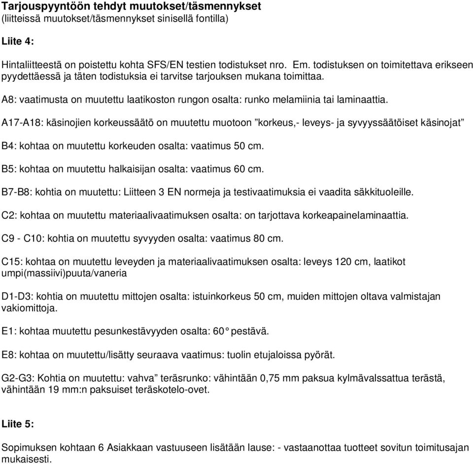 A17-A18: käsinojien korkeussäätö on muutettu muotoon korkeus,- leveys- ja syvyyssäätöiset käsinojat B4: kohtaa on muutettu korkeuden osalta: vaatimus 50 cm.