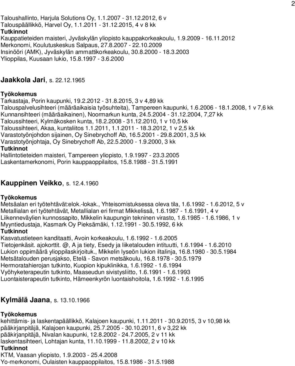 22.12.1965 Tarkastaja, Porin kaupunki, 19.2.2012-31.8.2015, 3 v 4,89 kk Talouspalvelusihteeri (määräaikaisia työsuhteita), Tampereen kaupunki, 1.6.2006-18.1.2008, 1 v 7,6 kk Kunnansihteeri (määräaikainen), Noormarkun kunta, 24.