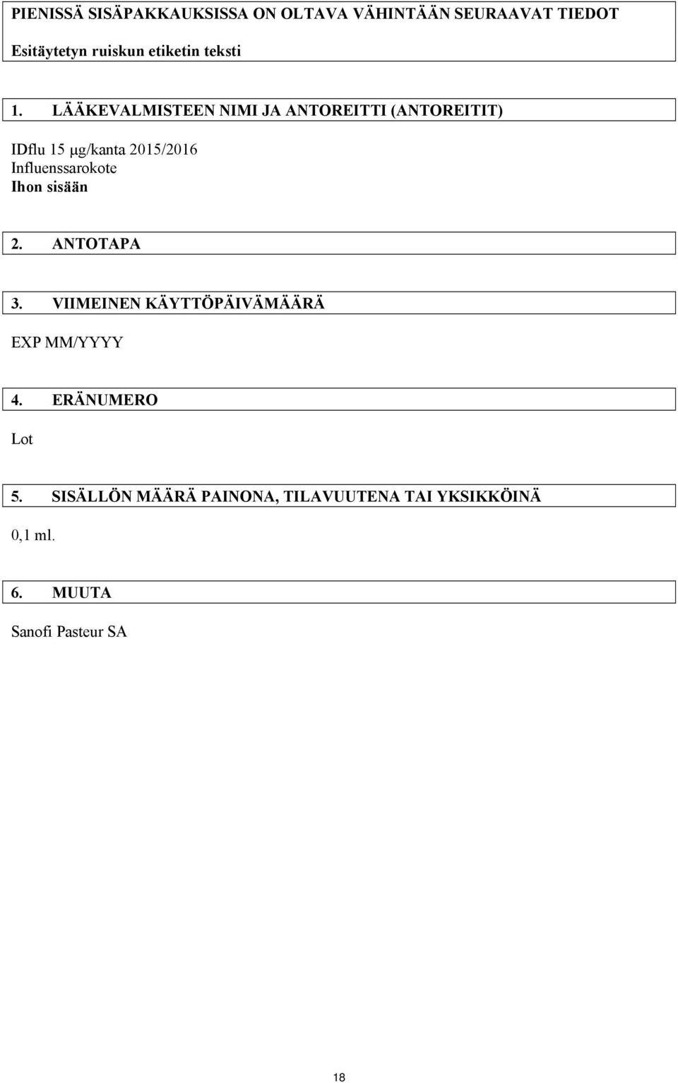 LÄÄKEVALMISTEEN NIMI JA ANTOREITTI (ANTOREITIT) IDflu 15 µg/kanta 2015/2016 Influenssarokote