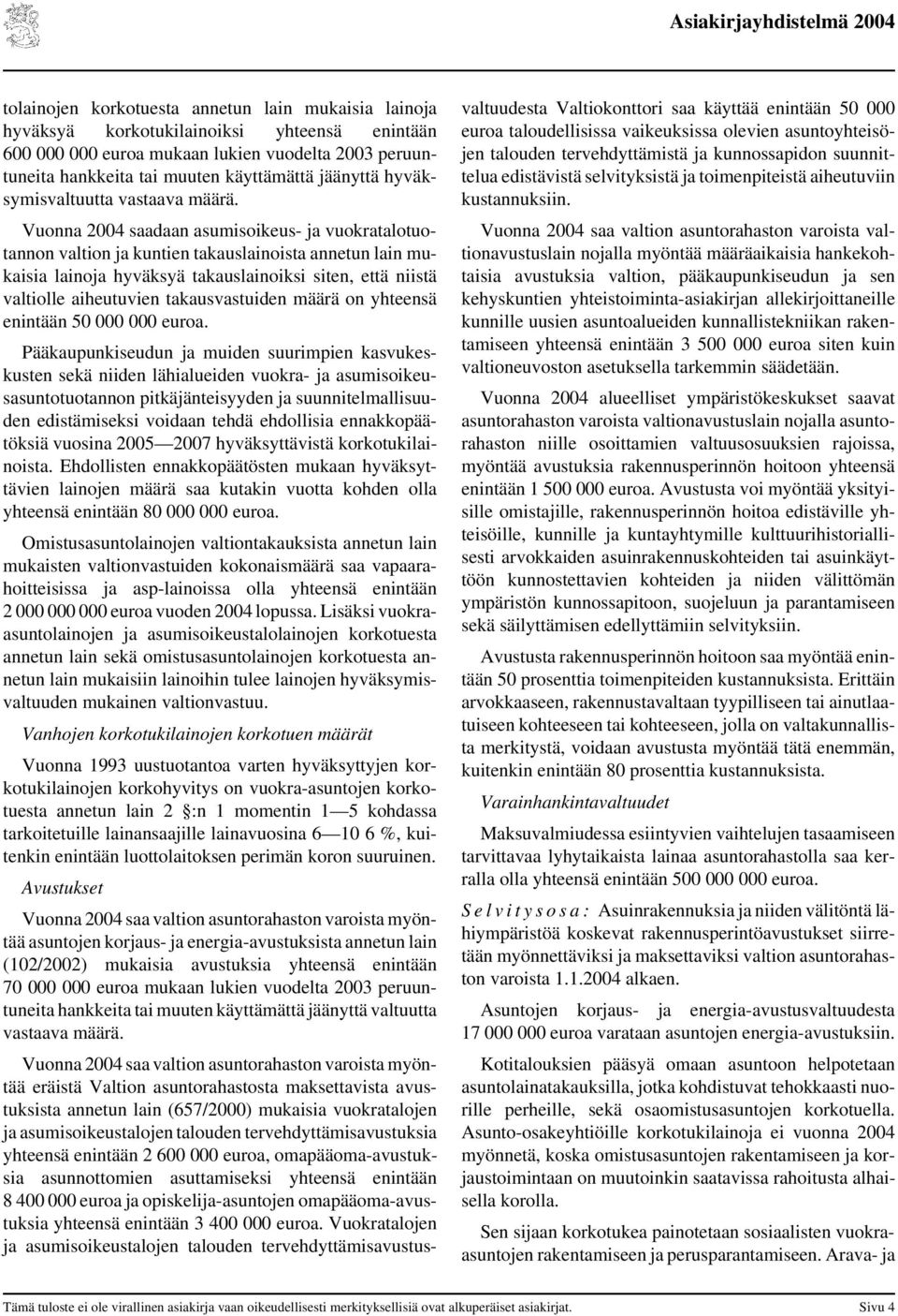 Vuonna 2004 saadaan asumisoikeus- ja vuokratalotuotannon valtion ja kuntien takauslainoista annetun lain mukaisia lainoja hyväksyä takauslainoiksi siten, että niistä valtiolle aiheutuvien