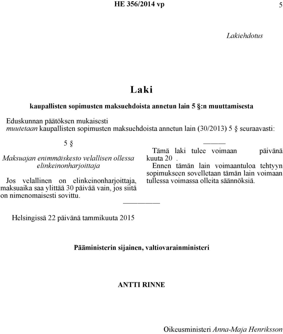 ylittää 30 päivää vain, jos siitä on nimenomaisesti sovittu. Helsingissä 22 päivänä tammikuuta 2015 Tämä laki tulee voimaan päivänä kuuta 20.