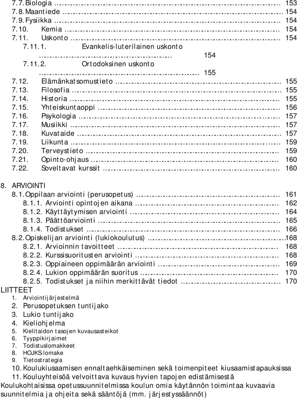 Soveltavat kurssit 160 8. ARVIOINTI 8.1. Oppilaan arviointi (perusopetus) 161 8.1.1. Arviointi opintojen aikana 162 8.1.2. Käyttäytymisen arviointi 164 8.1.3. Päättöarviointi 165 8.1.4. Todistukset 166 8.