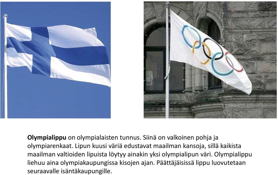 lipuista löytyy ainakin yksi olympialipun väri.