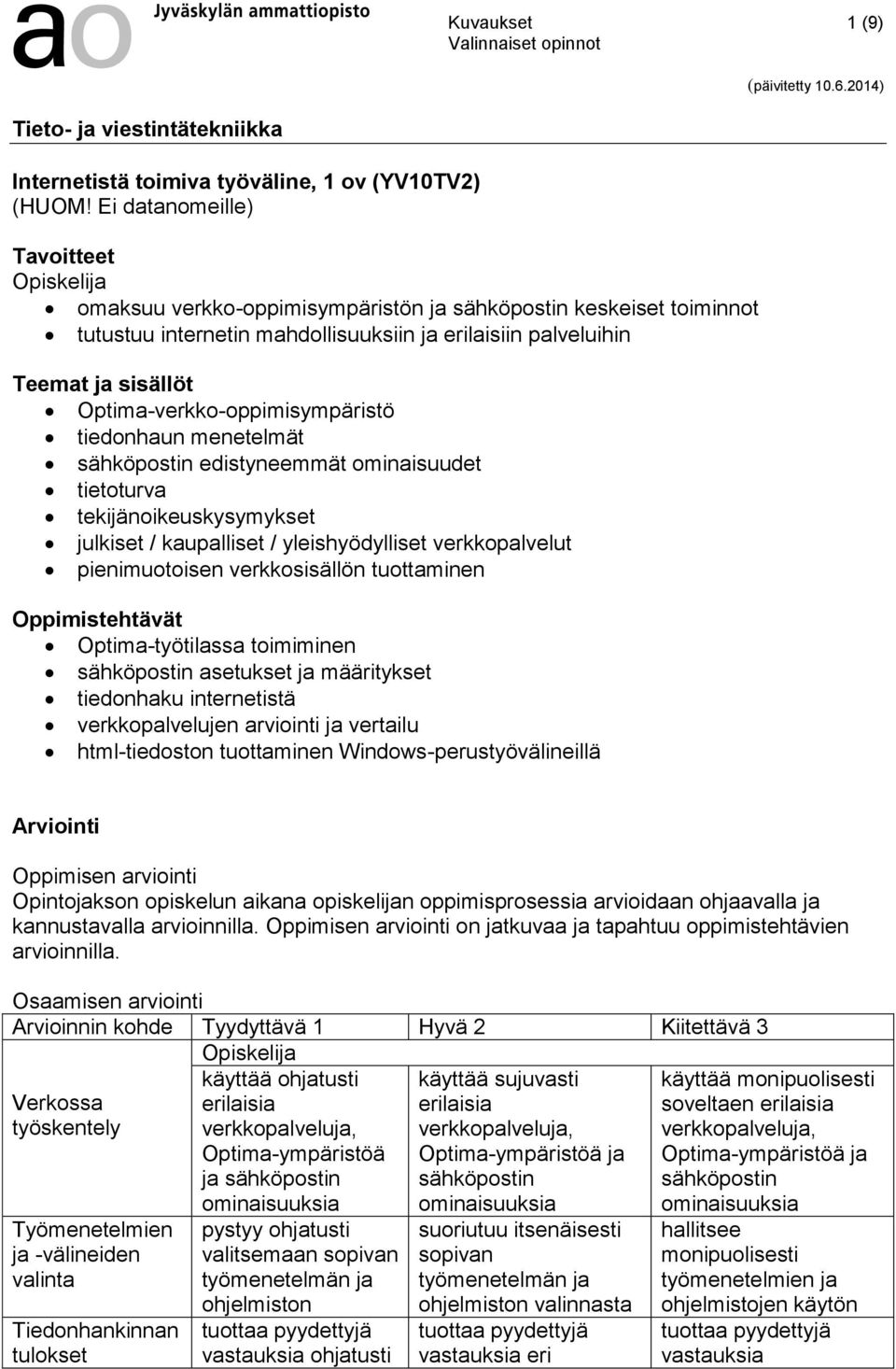 Optima-verkko-oppimisympäristö tiedonhaun menetelmät sähköpostin edistyneemmät ominaisuudet tietoturva tekijänoikeuskysymykset julkiset / kaupalliset / yleishyödylliset verkkopalvelut pienimuotoisen