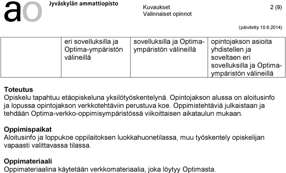 Opintojakson alussa on aloitusinfo ja lopussa opintojakson verkkotehtäviin perustuva koe.