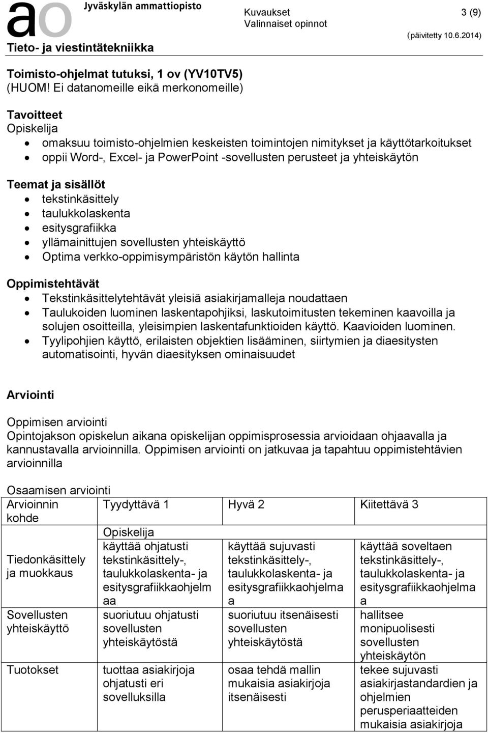 yhteiskäytön Teemat ja sisällöt tekstinkäsittely taulukkolaskenta esitysgrafiikka yllämainittujen sovellusten yhteiskäyttö Optima verkko-oppimisympäristön käytön hallinta Oppimistehtävät